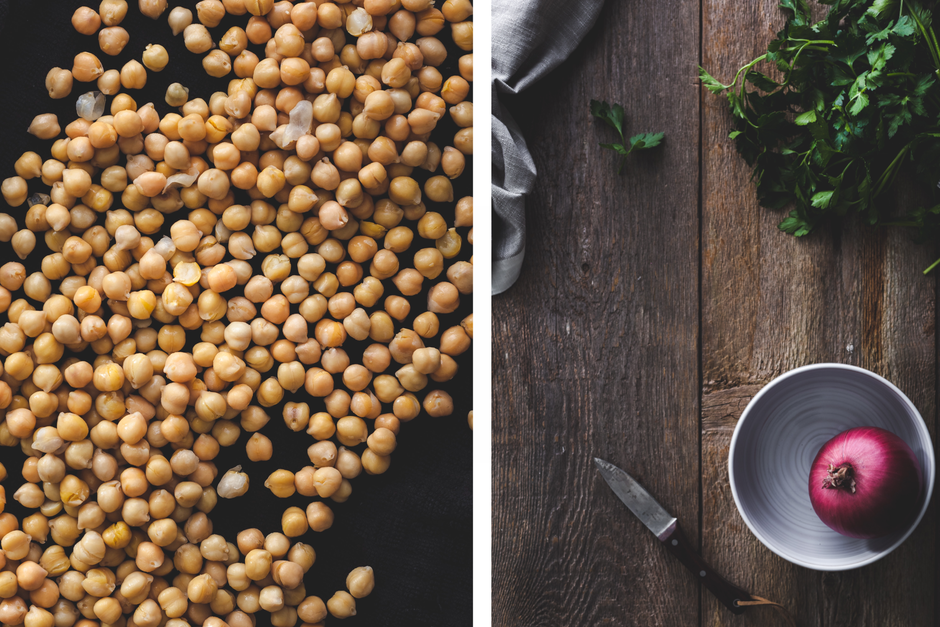 Left image: close up overhead view of chickpeas. Right image: overhead view of falafel ingredients.