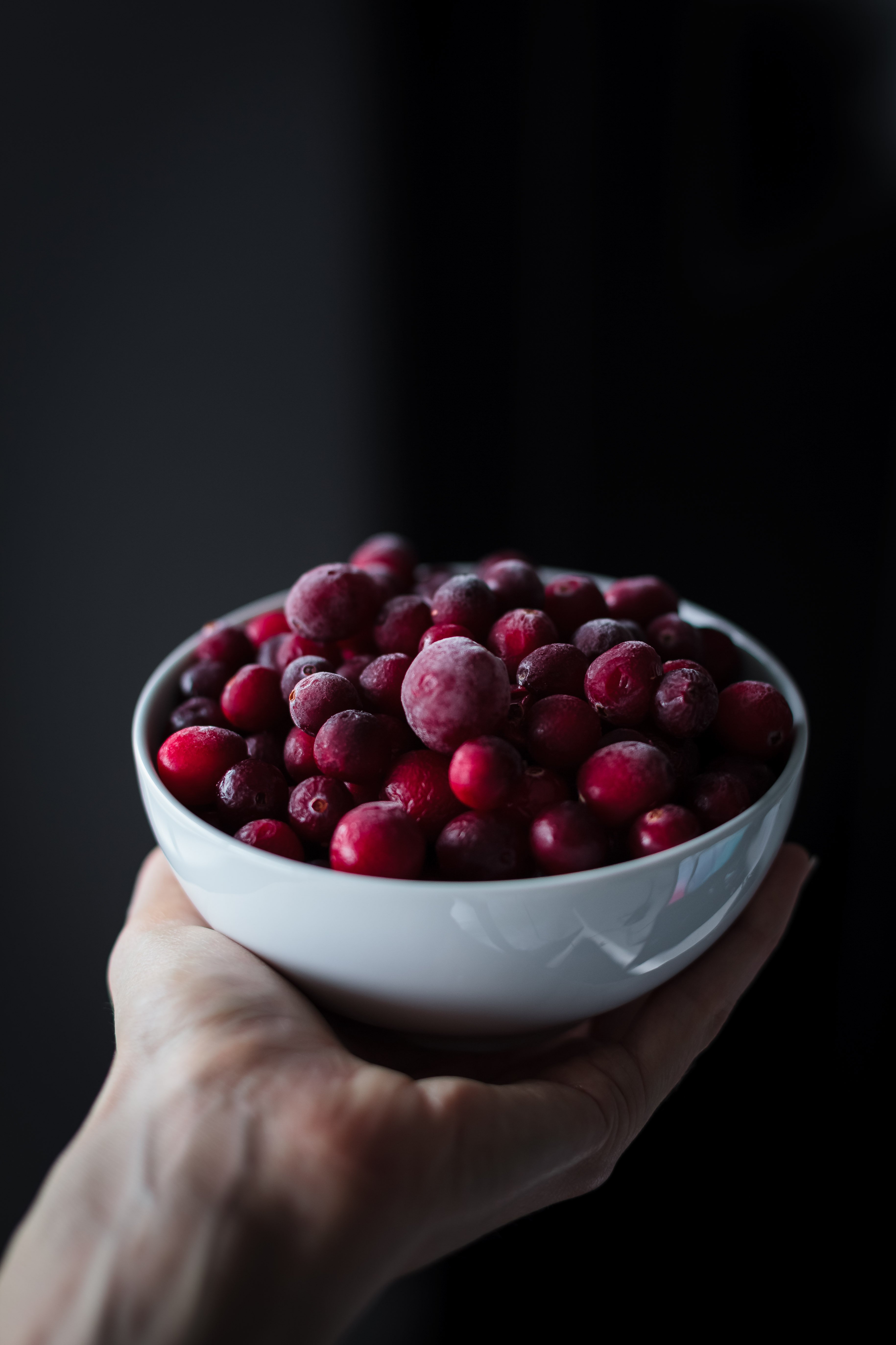 A head on image of a hand holding a bowl of frozen cranberries.