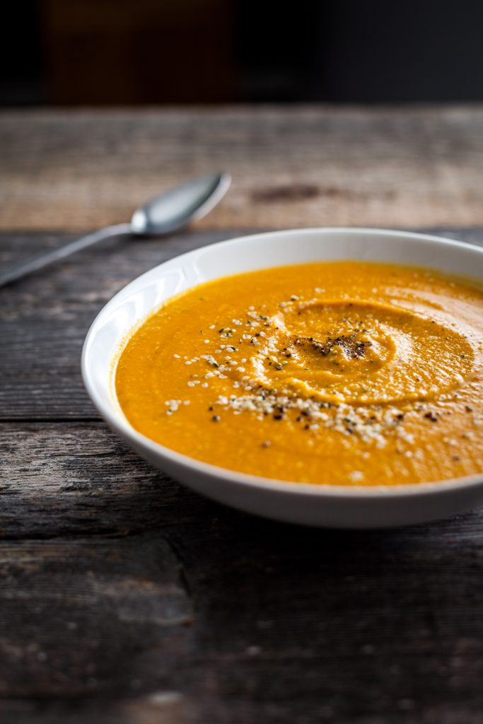 Creamy Vegan Sweet Potato Soup with Red Lentils & Hemp Hearts - The Simple Green