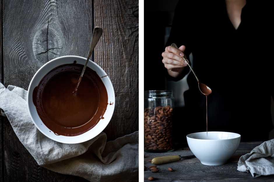 Left image: overhead of melted chocolate in a bowl. Right image: a hand drizzling melted chocolate off a spoon into a bowl.