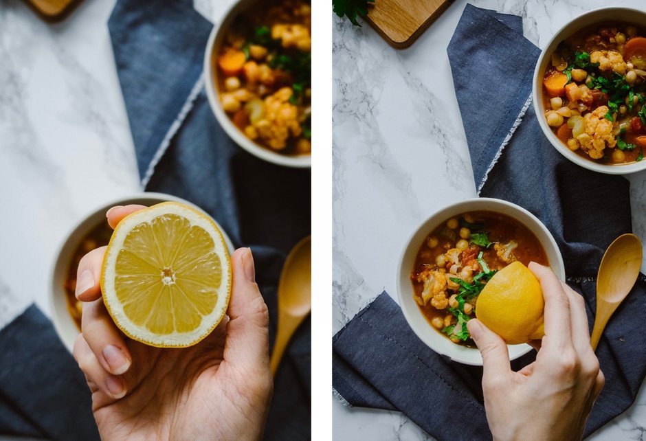 two photos of a person holding a lemon and then squeezing the lemon into a bowl of soup.