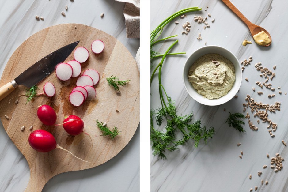 Left: sliced radishes on a cutting board witg a knife. Right: a bowl of dressing and fresh dill on a white surface,