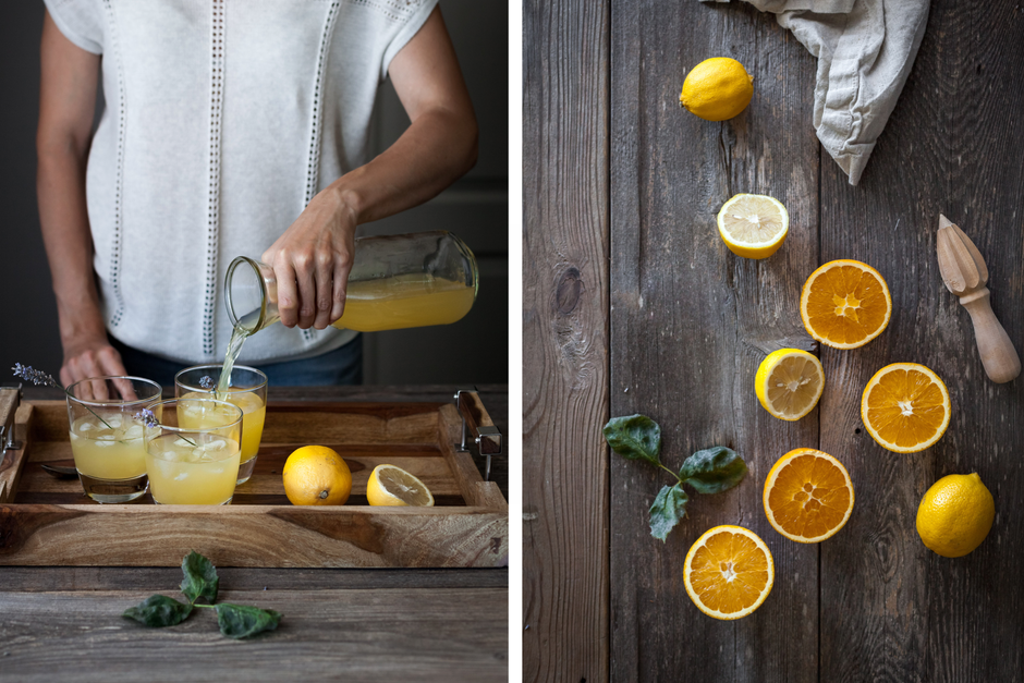 Left image: a person pouring schorle into a glass on a wooden tray. Right image: slices citrus fruits on a wood surface with a reamer.