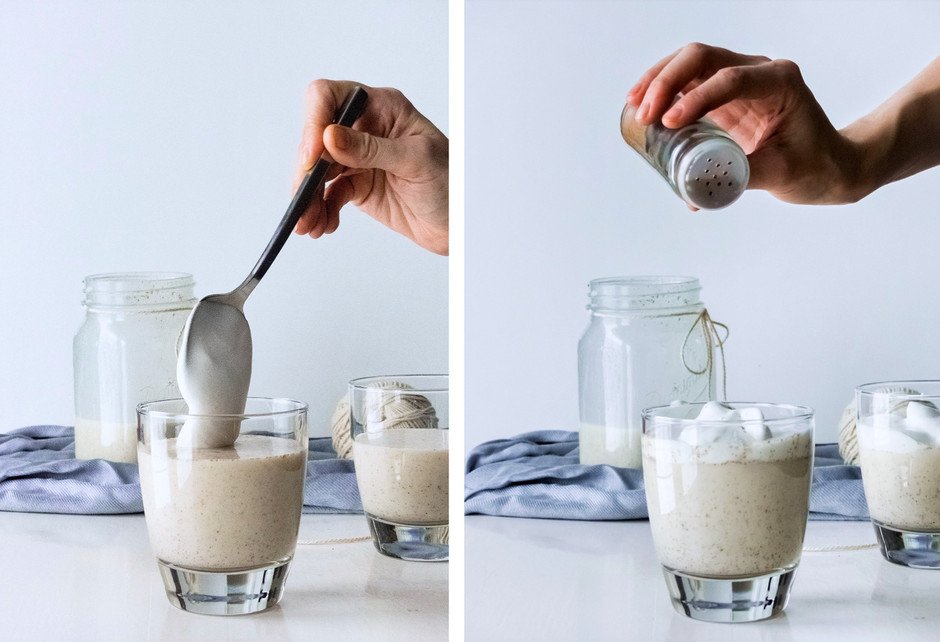 a double image of meringue being spooned on top of vegan eggnog and another image of a person sprinkling nutmeg on top.