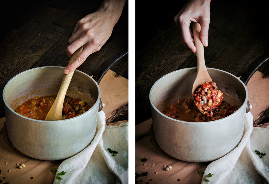two images side by side showing a hand scooping seven bean stew from a pot. 