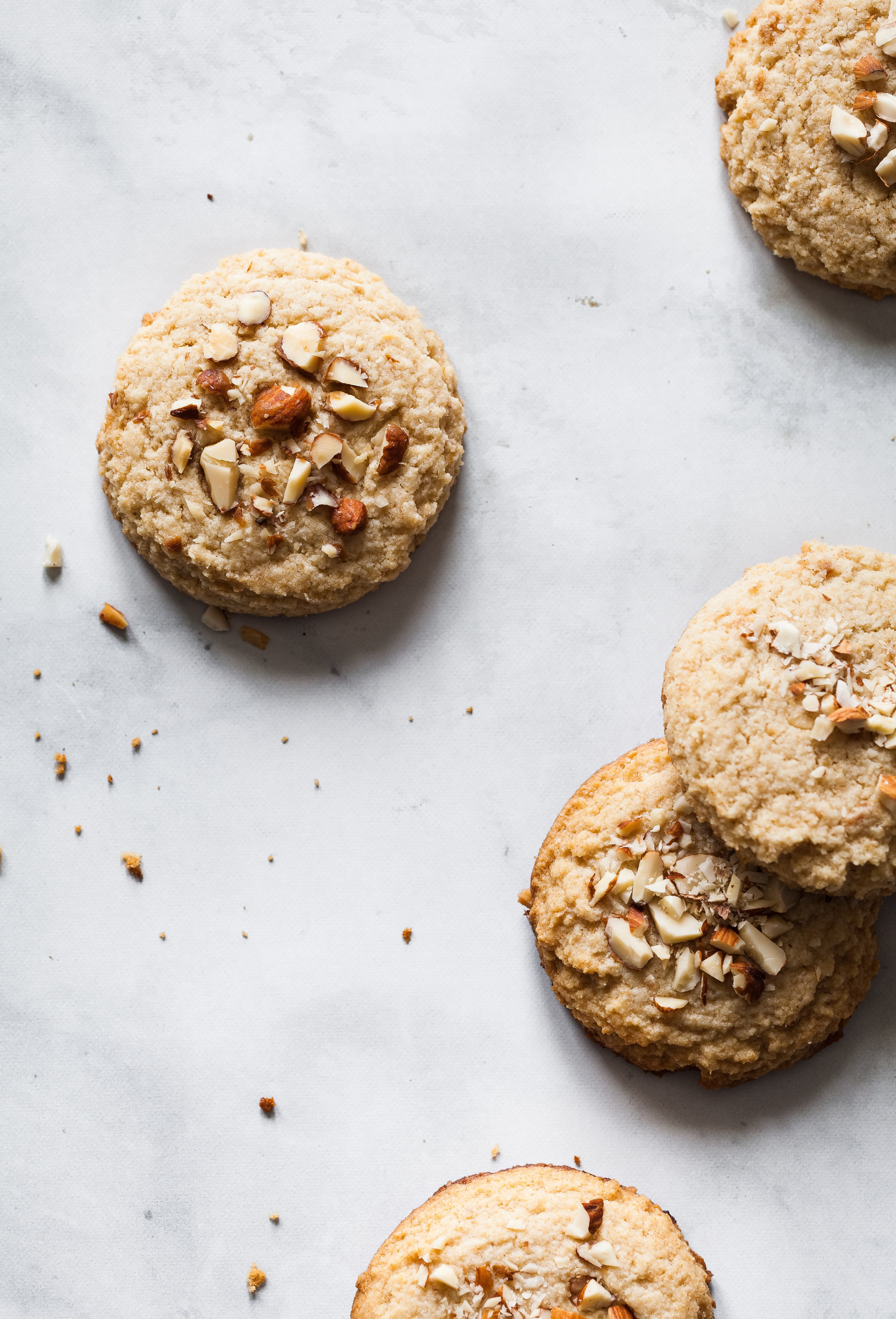 overhead image of cookies on a marble surface.
