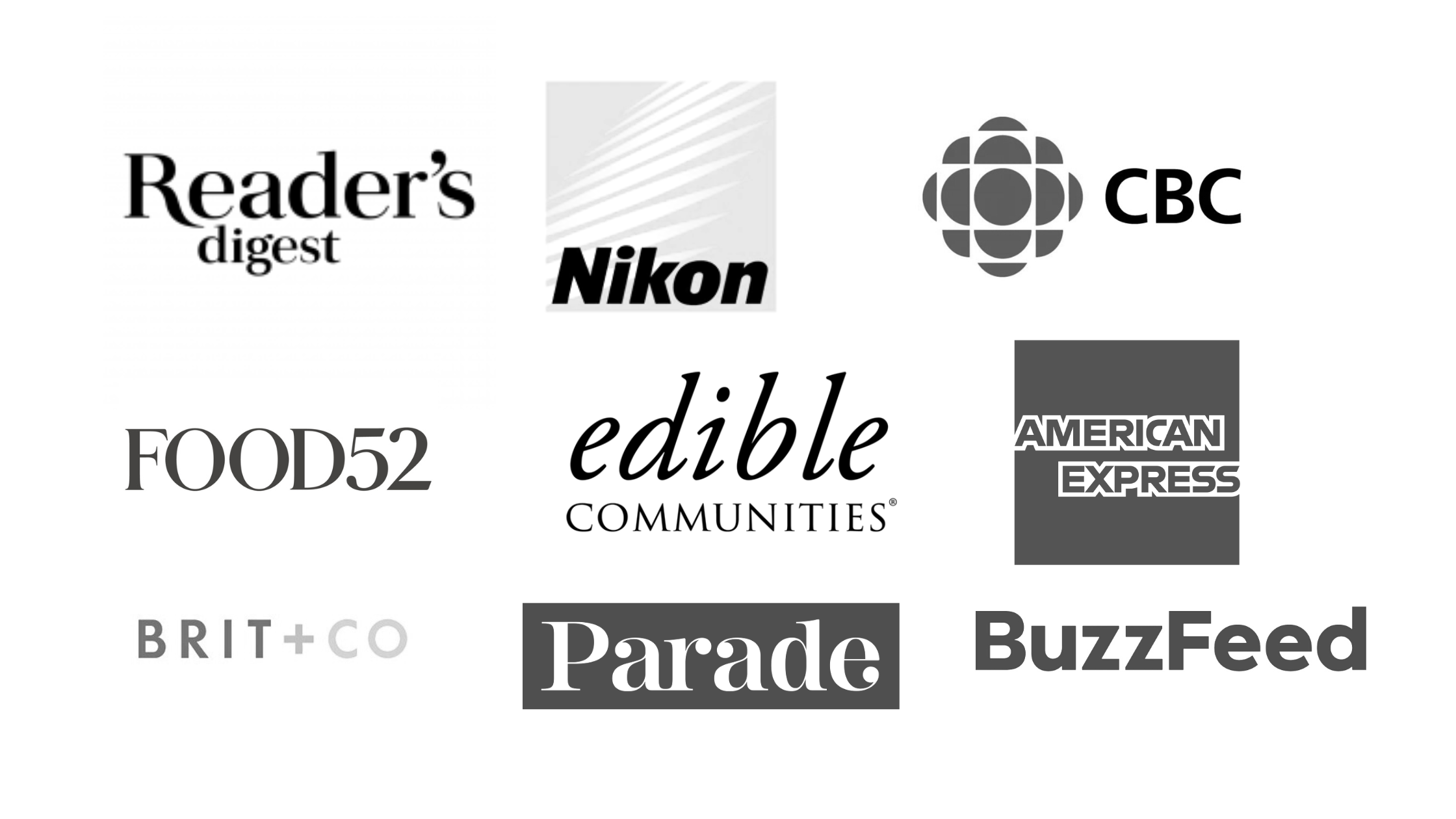 As Seen In logos for Nikon, CBC, Readers Digest, Brit+Co, AMEX, Parade, Food52, Edible Communities.