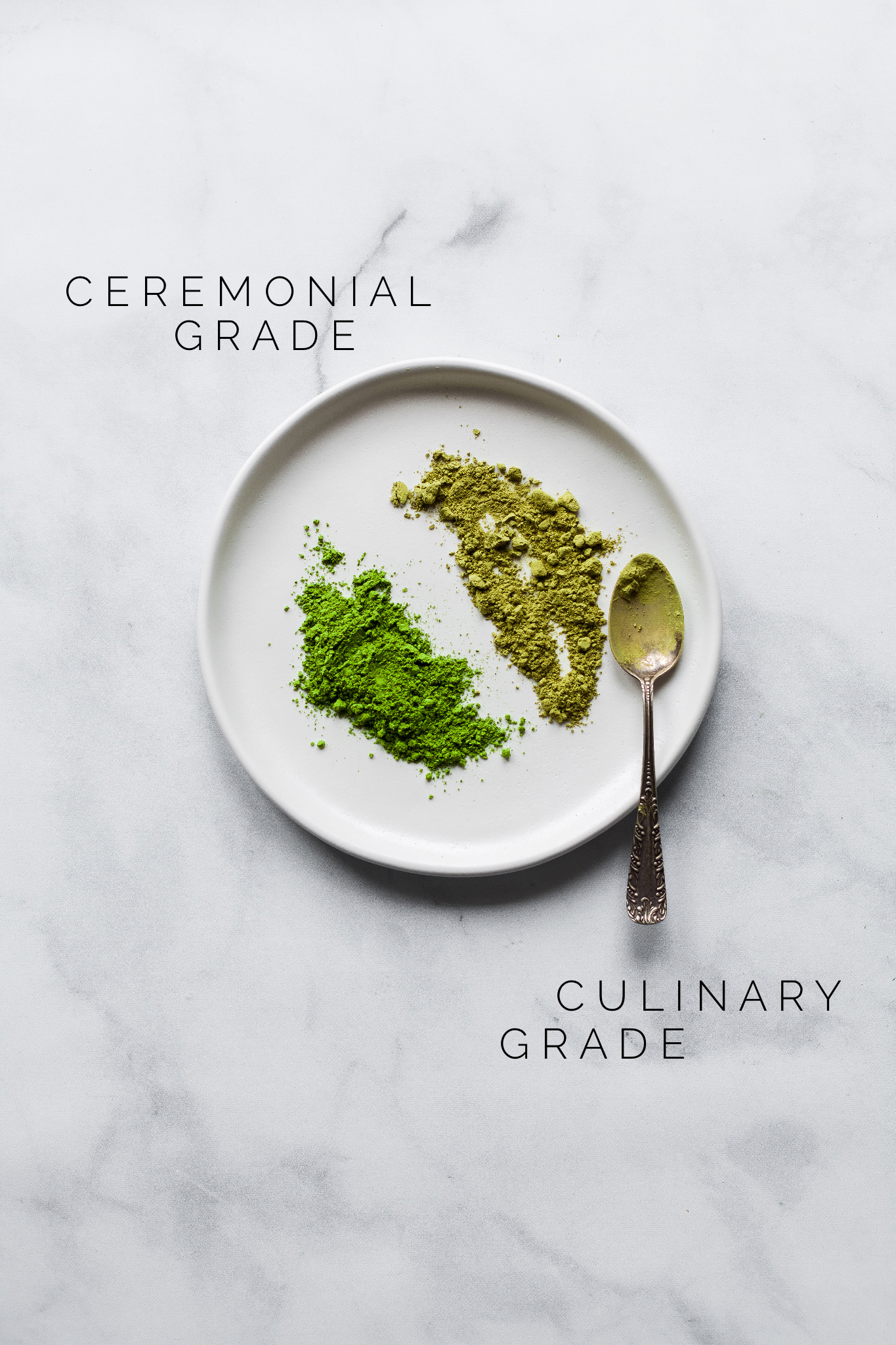 overhead view of culinary grade and ceremonial grade matcha tea on a plate with a spoon.