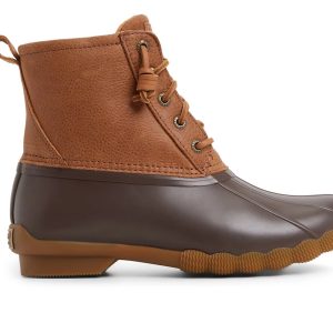 Brown rubber boots with a zipper.