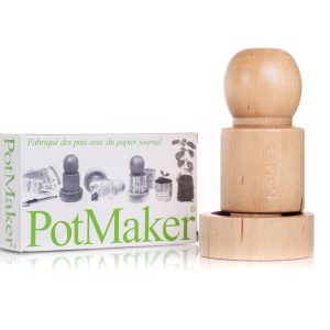 A wooden pot maker beside it's box.
