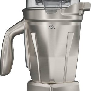 Stainless steel vitamix blender container on a white background.