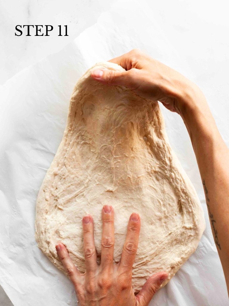 a baker stretching dough into a leaf shape with text overlay "step 11".