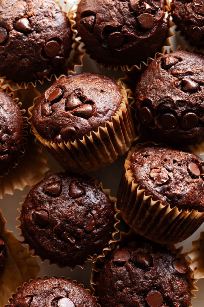 close up of chocolate zucchini muffins.