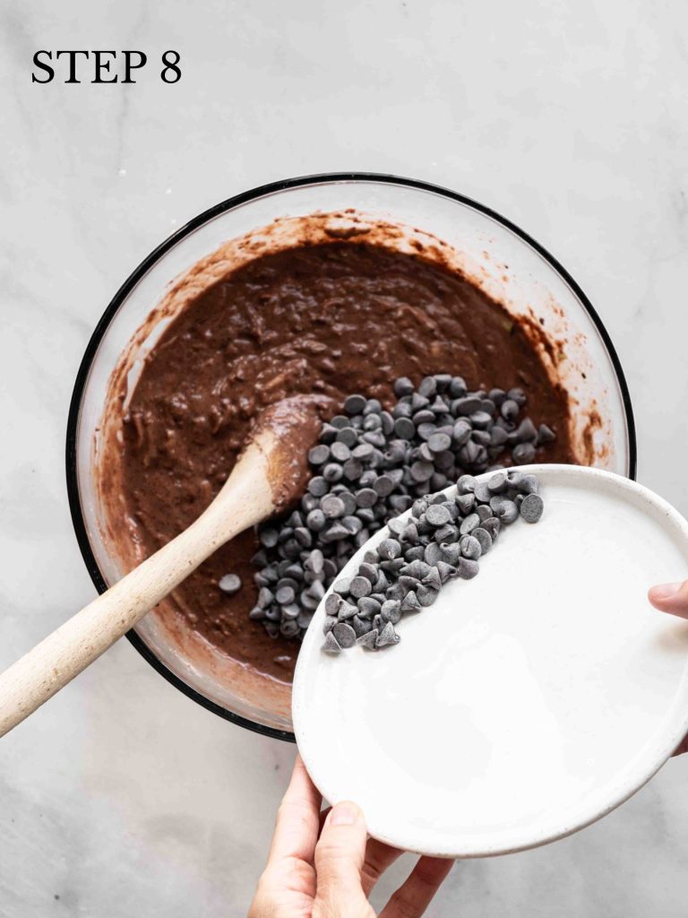 a baker pouring chocolate chips into a bowl of muffin batter with a spoon.