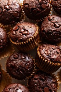 close up of chocolate zucchini muffins.